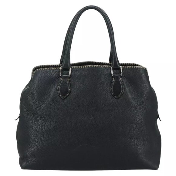 FENDI Celeria Hand Bag Leather Black Silver Auth yk16876